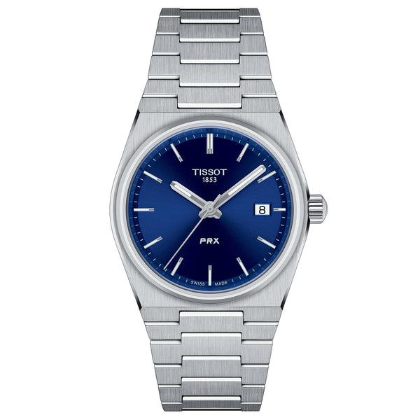 Tissot PRX 35 mm blue dial watch, a traditional watch gift for someone who wears an Apple Watch