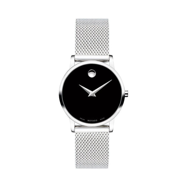 Movado Museum Classic 28 mm women's watch with black dial and stainless steel mesh bracelet