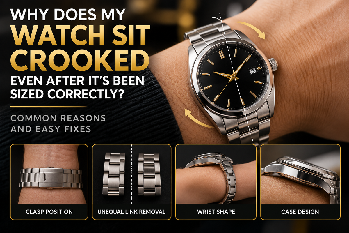 Why a wristwatch sits crooked after sizing: clasp position, uneven links, wrist shape and case design