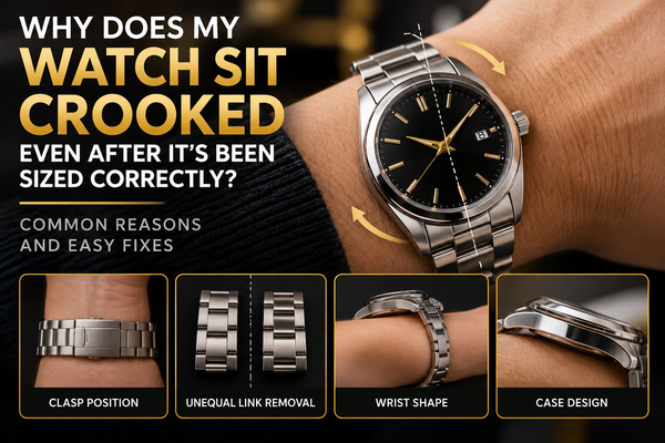 Why a wristwatch sits crooked after sizing: clasp position, uneven links, wrist shape and case design