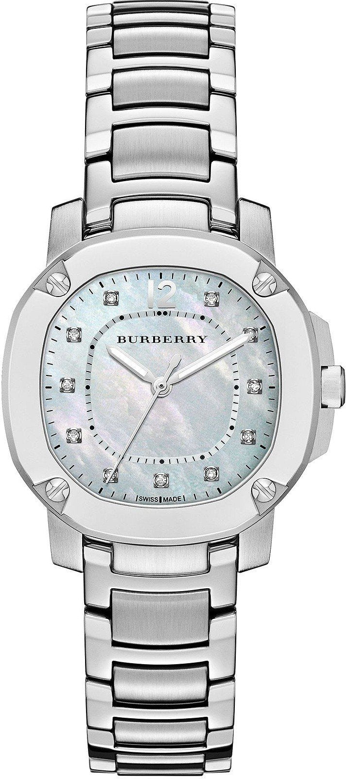 Burberry The Britain Diamonds Mother Of Pearl Dial Silver Steel Strap Watch For Women Bby1804