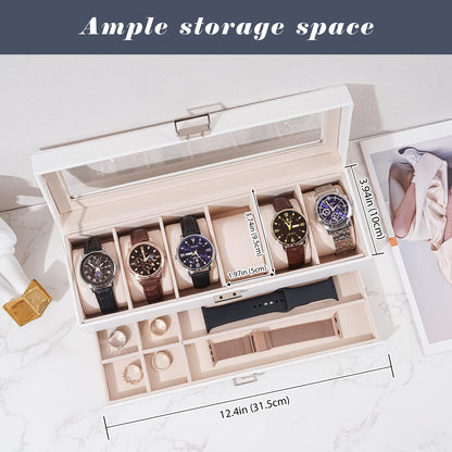 ProCase Watch Box for Men, 6 Slot Watch Display Case with Drawer, Mens Watch Case With Glass Lid, 2-Layer Jewelry and Watch Storage Watch Holder Organizer for Men Women -6 Slot, White