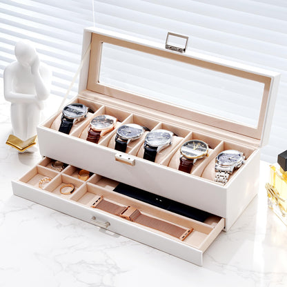 ProCase Watch Box for Men, 6 Slot Watch Display Case with Drawer, Mens Watch Case With Glass Lid, 2-Layer Jewelry and Watch Storage Watch Holder Organizer for Men Women -6 Slot, White