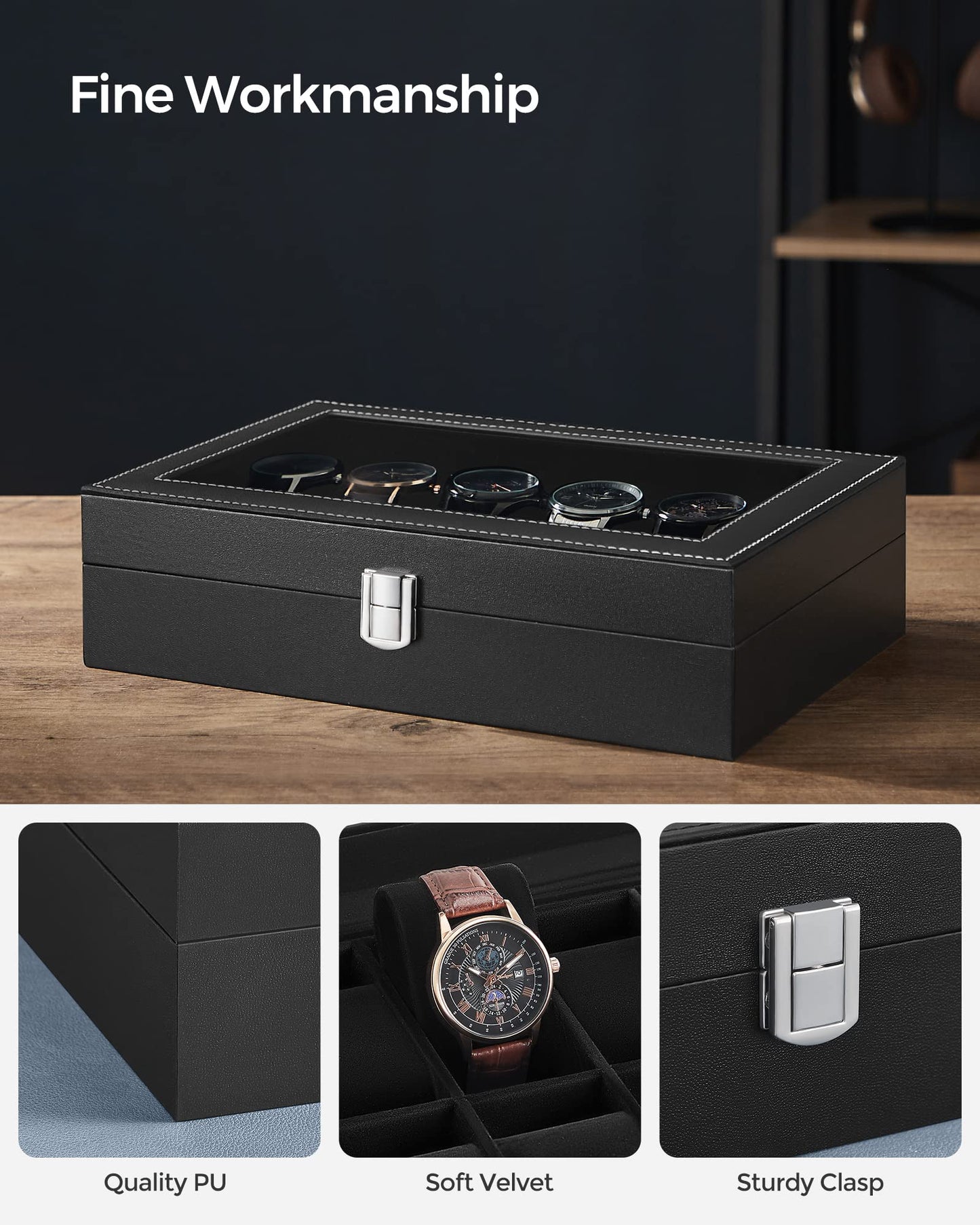 SONGMICS Watch Box, 12-Slot Watch Case with Large Glass Lid, Removable Watch Pillows, Watch Box Organizer, Gift for Loved Ones, Black Synthetic Leather, Black Lining UJWB012B01