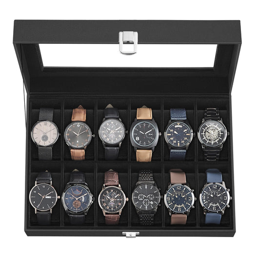 SONGMICS Watch Box, 12-Slot Watch Case with Large Glass Lid, Removable Watch Pillows, Watch Box Organizer, Gift for Loved Ones, Black Synthetic Leather, Black Lining UJWB012B01