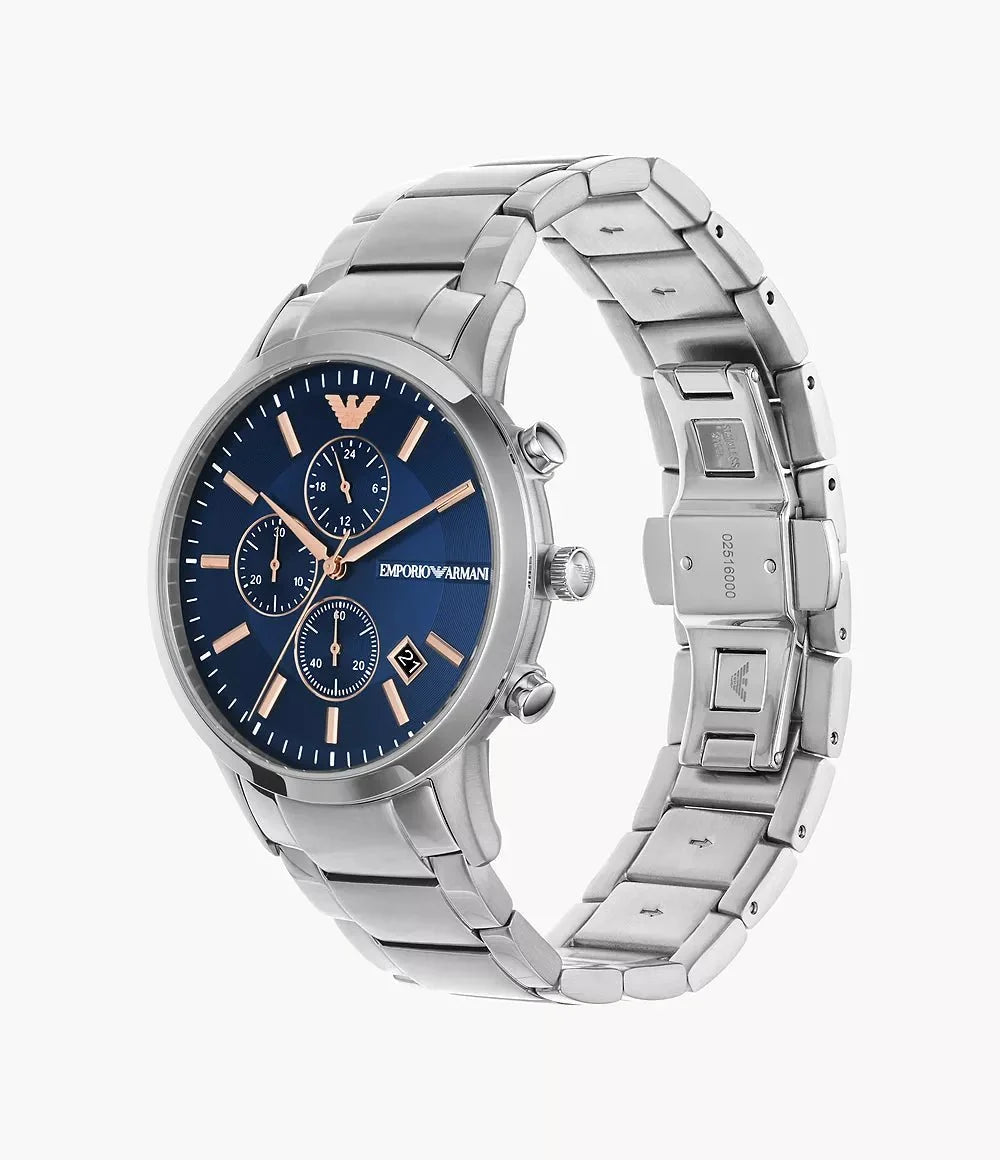 Emporio Armani Mens Ar11458 Rose Gold Tone Stainless Steel And Blue Leather Watch