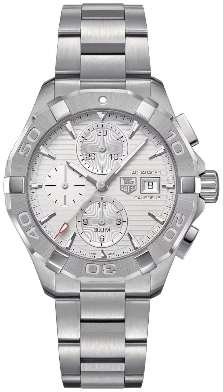Tag Heuer Aquaracer Automatic Chronograph White Dial Silver Steel Strap Watch For Men CAY2111 BA0927