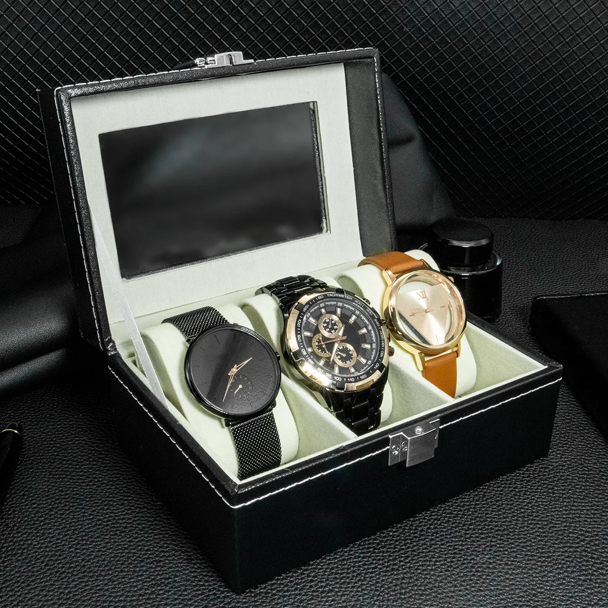 PU Leather Watch Box - Glass Top Display Organizer