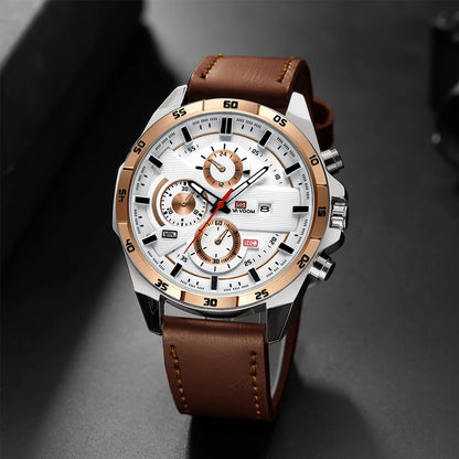 Men's Sports Watch 46mm Leather Black Rose Gold Quartz