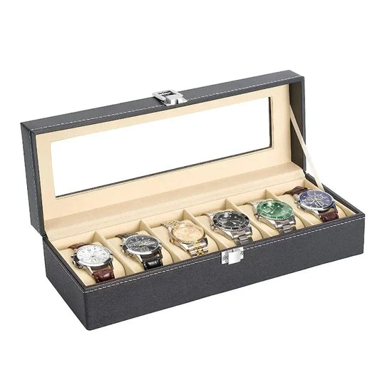 PU Leather Watch Box - Glass Top Display Organizer