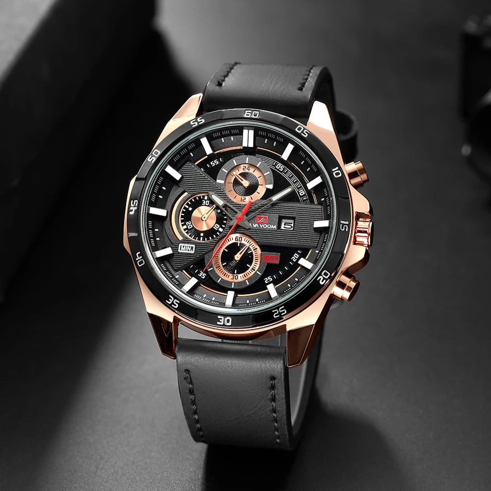 Men's Sports Watch 46mm Leather Black Rose Gold Quartz