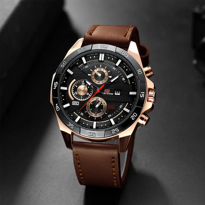 Men's Sports Watch 46mm Leather Black Rose Gold Quartz