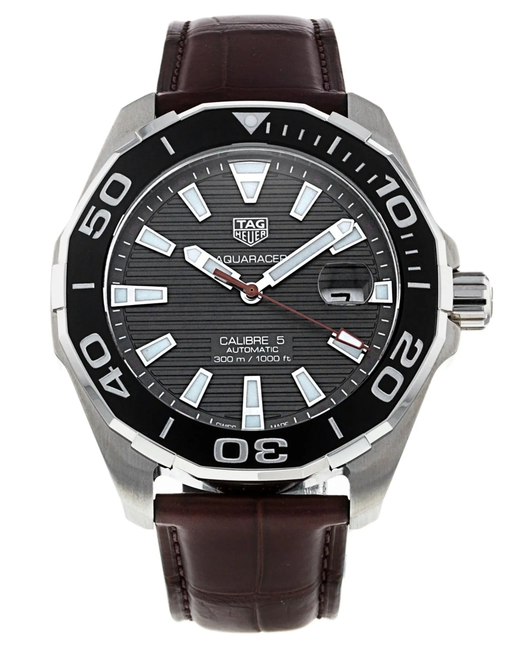 Tag Heuer Aquaracer Caliber 5 Black Dial Brown Leather Strap Watch For Men WAY201M FC6474