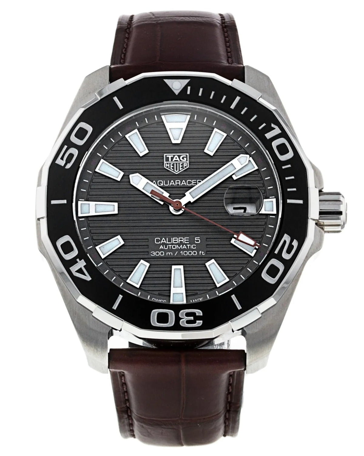 Tag Heuer Aquaracer Caliber 5 Black Dial Brown Leather Strap Watch For Men WAY201M FC6474