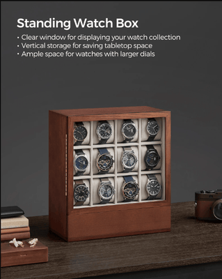 Vertical 12-Slot Wooden Watch Display Cabinet with Drawers – Coffee Brown