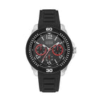 Guess Watches Guess Gents Silver Watch Black Multifunctional Dial And Black Silicone Strap W0967g1